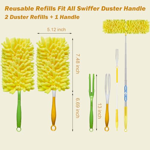 Reusable Duster for Swiffer, 2 Refills + 1 Handle, Yellow | 360 Heavy Duty Duster Refill, Compatible with Swiffer Hand Dusters, For Furniture, Blinds, Ceiling Fans, Walls - size: 2 dusters + 1 Handle Yellow