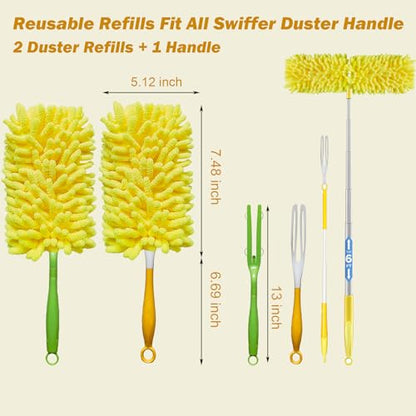 Reusable Duster for Swiffer, 2 Refills + 1 Handle, Yellow | 360 Heavy Duty Duster Refill, Compatible with Swiffer Hand Dusters, For Furniture, Blinds, Ceiling Fans, Walls - size: 2 dusters + 1 Handle Yellow