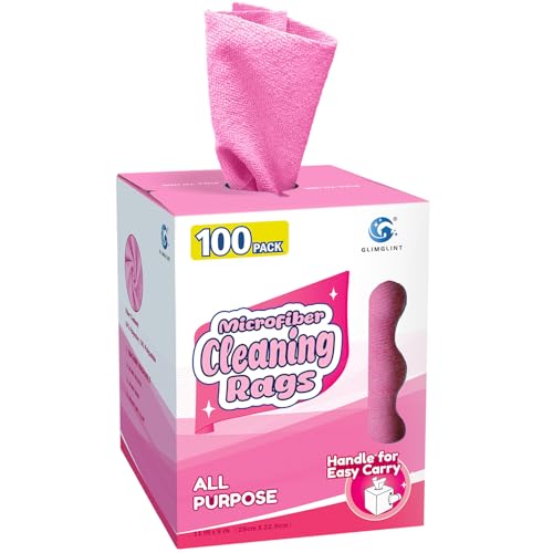 GLIMGLINT Pink Microfiber Cleaning Cloth, 100 Pack Cleaning Rags, Lint-Free, Ultra Absorbent Reusable Paper Towels for Home, Kitchen, Car, Garage or Shop, Dish Rags, 11" x 9" - color: Pink