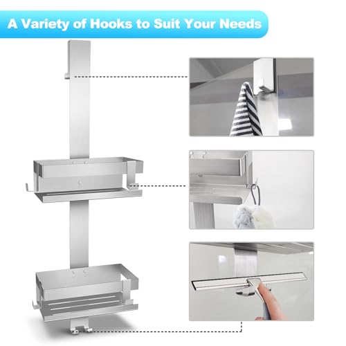 Shower Caddy Hanging, SUS304 Stainless Steel, Over Frameless Glass Door Shower Shelf, Bathroom Organizer/Rack No Drilling, Silver