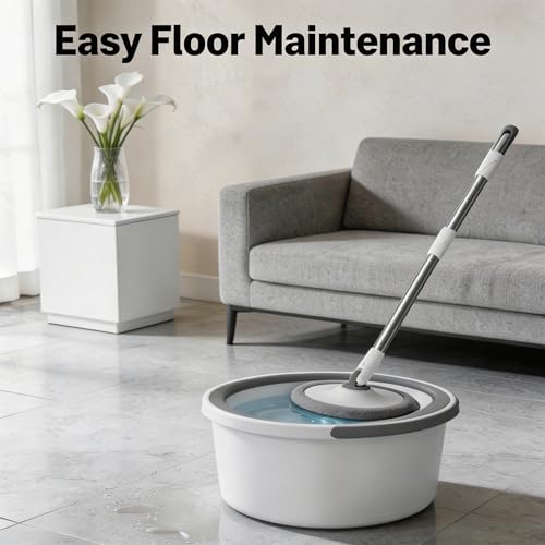 Spin Mop and Bucket System with 2 Microfiber Mop Heads, 360° Rotating Floor Mop for Wet and Dry Cleaning, Adjustable Stainless Steel Handle, Compact Cleaning Set for Hardwood, Tile, Laminate, Grey