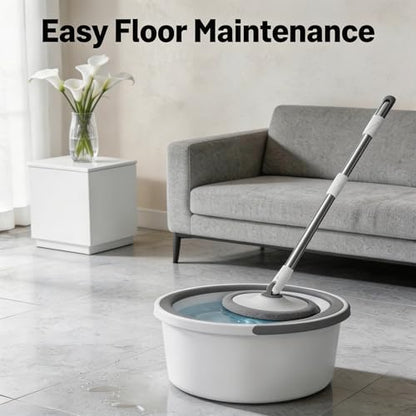 Spin Mop and Bucket System with 2 Microfiber Mop Heads, 360° Rotating Floor Mop for Wet and Dry Cleaning, Adjustable Stainless Steel Handle, Compact Cleaning Set for Hardwood, Tile, Laminate, Grey