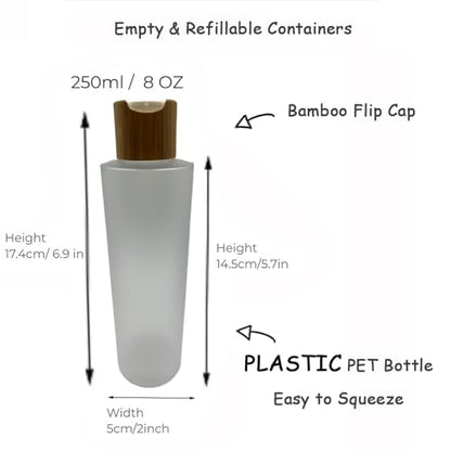 Empty Cosmetic Bottles 8oz/250ml 2 Pack with Bamboo Disc Top Flip Cap for Shampoo Lotion Liquid Soap,Cream,Refilable Plastic Squeeze Travel Size Toiletry Bottles Frost Clear - color: Frost Clear, size: 250ml/8oz 2Pack