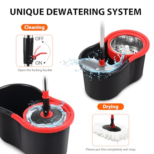 Spin Mop and Bucket with Wringer Set,360° Mop and Bucket System with One Microfiber Mop Refills and 50" Extended Handle for Floor Cleaning (Black)