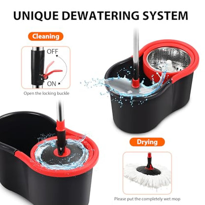 Spin Mop and Bucket with Wringer Set,360° Mop and Bucket System with One Microfiber Mop Refills and 50" Extended Handle for Floor Cleaning (Black)