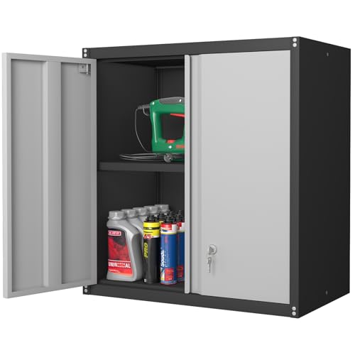 Locking Metal Wall Cabinet, 28" Metal Storage Cabinets with Doors and Shelf, Steel Garage Locker Mounted Small Tool Chest for Home Office, Kitchen, Pantry - color: Gray&black, size: 28''H-2 doors