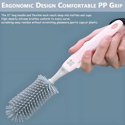 Baby Bottle Brush Set 3-in-1, Silicone Bottle Brush with Wall Mount Holder, 11" Long Handle Bottle Brush + Nipple Brush + Straw Brush Cleaner for Baby Bottles, Cups, Straws – BPA Free (Blue) - color: Blue