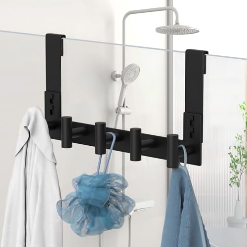 Extended Robe Door Hooks, Heavy Duty Stainless Steel Towel Hooks for Frameless Glass Shower Doors, Towel Hanger Rack, Shower Hooks for Bathroom (Black, 1 Pack) - color: Black, size: "T" Shape 5 Hooks-1 Pack