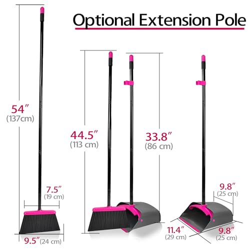 JEHONN Broom with Dustpan Combo Set, Long Handle Lightweight Indoor Broom Set, Upright Standing Dust Pan with Comb Teeth Store Sweep Set for Home Room Kitchen Office Lobby (Rose Red) - color: Rose Red