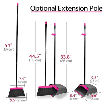 JEHONN Broom with Dustpan Combo Set, Long Handle Lightweight Indoor Broom Set, Upright Standing Dust Pan with Comb Teeth Store Sweep Set for Home Room Kitchen Office Lobby (Rose Red) - color: Rose Red