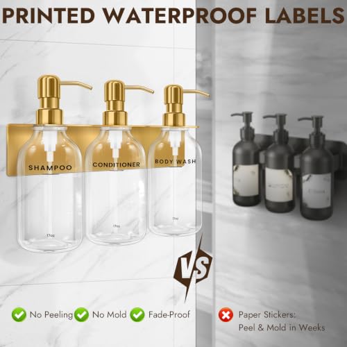 Shampoo and Conditioner Dispenser - Wall Mounted Shower Soap Dispenser - 17oz No-Drill Refillable Plastic Bottles with Stainless Steel Pump for Bathroom - Includes Soap Dish and Hook (Transparent) - color: Transparent