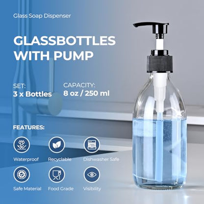 8 oz Clear Glass Pump Bottle, 250ml Small Lotion Dispenser Bottle for Body Massage Oil, Refillable Empty Hand and Dish Soap Dispensers Set with Labels - 3 Pack - color: Clear