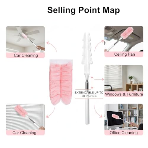 Microfiber Duster for Cleaning, Extendable Pole, Up to 30 Inch Reachable, Cleaning Tools for Car, Ceiling Fan, Window, Furniture, Office(Pink) - color: Pink
