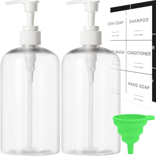 Soap Dispenser with Waterproof Labels, Thickened Plastic Hand Soap Dispenser for Bathroom, Kitchen Dish Washing Liquid Bottles, Shampoo and Conditioner Bottles (16.9 oz, Set of 2, Clear) - color: Clear