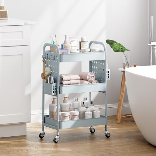 KINGRACK 3 Tier Rolling Cart with DIY Hanging Board, Metal Rolling Utility Cart with Wheels Handles Baskets Hooks, Rolling Storage Cart Suitable for Bathroom, Kitchen, Office, Nursery Diaper (Green) - color: Light Green