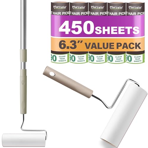 Extra Sticky Large Surface Lint Roller,6.3'' Giant Lint Roller for Pet Hair,5 Rolls 450 Sheets,Long Handle Lint Remover,Easily Remove Carpets, Clothes, Couch and Curtains Dust Cat and Dog Hair Removal - size: 1 Large Roller (Extendable Handle) + 450 Sheet