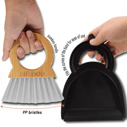Mini Broom and Dustpan for Housekeeping-Bamboo Handle Small Broom and Dustpan Set Combination Mini Desktop Sweep, Keyboard Cleaning Brush with Shovel Brush,Round Bamboo Handle
