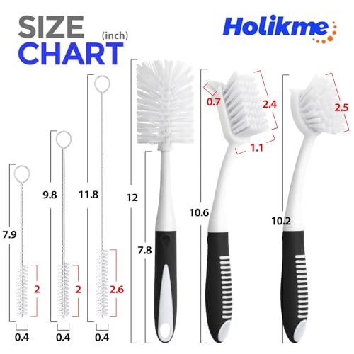 Holikme 6 Pack Dish Brush Set with Bottle Brush, Dish Scrub Brush, Pan Brush and 3 Straw Brushes, Deep Cleaning Handle Brush with Scraper Tip for Kitchen Sink Dishes Bottle Cup Pot and Pans (Black) - color: Black