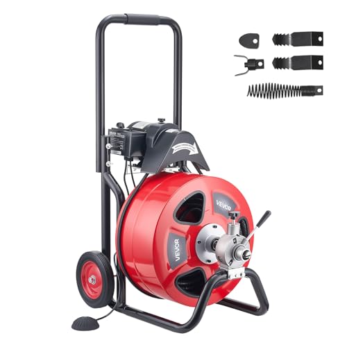 VEVOR Drain Cleaner Machine 100 FT x 3/4 Inch, Auto Feed Sewer Snake Auger on Wheels, Portable Drain Cleaning Machine with 4 Cutters & Air-activated Foot Switch for 4" to 8" Pipes - style: 100 FT x 3/4''