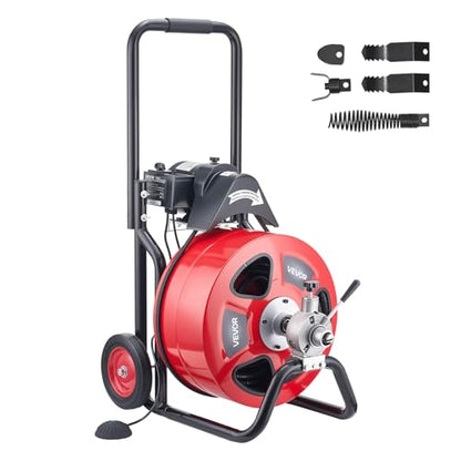 VEVOR Drain Cleaner Machine 100 FT x 3/4 Inch, Auto Feed Sewer Snake Auger on Wheels, Portable Drain Cleaning Machine with 4 Cutters & Air-activated Foot Switch for 4" to 8" Pipes - style: 100 FT x 3/4''