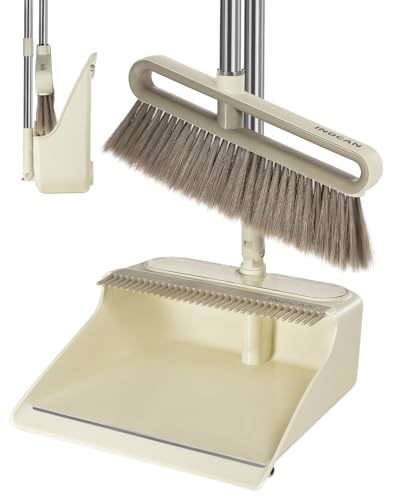 INDCAN Broom and Dustpan Set with 52" Adjustable Long Handle, Upright Standing Dustpan with Comb Teeth, Foldable Dustpan, Angled Broom Head for Corners, Indoor Floor Sweeping Set (Santra Lite) - color: Ivory