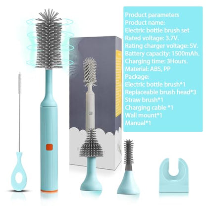 Electric Baby Bottle Brush Set with Rechargeable Electric Bottle Brush Cleaner and Replaceable Silicone Bottle Brushes and Straw Brush Cleaner, Waterproof Multi-Purpose Cleaning Brush(Blue) - color: Blue