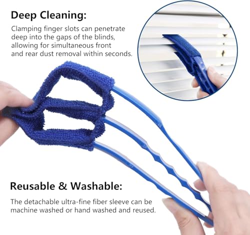 3-Finger Microfiber Blind Cleaner Brush - Reusable Washable Sleeve for Dusting Window Blinds, Curtains & Shutters (1-Pack, Blue)