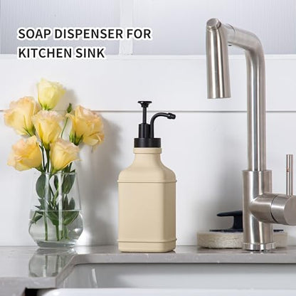Enra Glass Soap Dispenser with Clear Window,12oz Matte Stainless Steel Hand Pump Dispenser,Hand and Liquid Soap Dispenser Rust Proof Countertop Lotion Bottle (Beige-Square-Liquid) - color: Beige-square-liquid