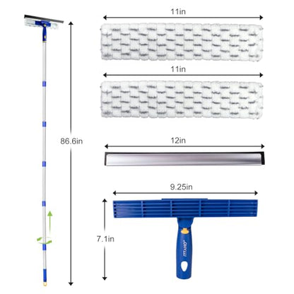 86.6" Window Squeegee Cleaner,2 in 1 Window Cleaning Tool Kit,Shower Squeegee with Extension Pole，Glass Cleaning Tools for Shower Glass,Indoor/Outdoor High Window Cleaning-Two Pads - size: 86.6"