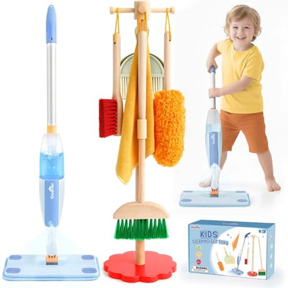 Dreamon Wooden Toddler Cleaning Set - 10Pcs Kids Cleaning Toy Set with Real Working Kids Spray Mop, Montessori Cleaning Toys with Broom and Mop Set for Toddlers Girls Boys Age 3-6 - color: Wooden