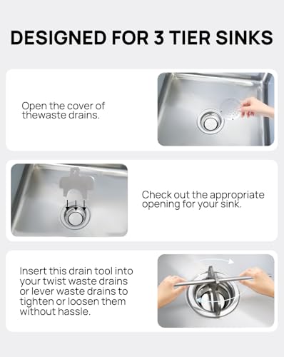 Commercial Sink Drain Removal Tool - 3-Tier Kitchen Sink Wrench for Twist & Lever Waste Drain Installation & Removal, Stainless Steel Drain Extractor Tool for Commercial Kitchens