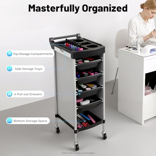 Salon Trolley Cart with Wheels, 6-Tier Beauty S-alon Cart with 4 Drawers, Space-Saving Rolling Salon Versatile Utility Cart, Open Top Floor, 110.23lbs Load-Bearing, Retractable Trays (White+Black) - color: White+black