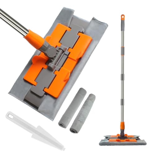 12-Inch Microfiber Flat Mop for Hardwood & Tile Floors, Lightweight Design with Stainless Steel Handle, 2 Reusable Pads for Wet Dry Cleaning, Clip-On Design, Wall Mount - color: Orange + Gray, size: 12in×59in
