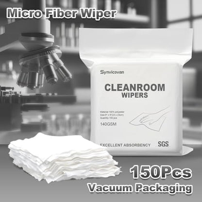 Cleanroom Wipers 9"x9"(150 Pcs, 100% Polyester, Class 100, 140GSM) Double Knit 100% Lint Free Cloths with Ultra-fine Filaments, Laser Sealed Edge Ultra-Soft Wipers - size: 9" x 9" (Pack of 150)