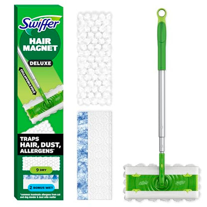 Swiffer Hair Magnet Deluxe Starter Kit with Collapsible Pole, 9 Hair Magnet Dry Cloths, 2 Bonus Mop & Go Wet Cloths - style: Hair Magnet Deluxe