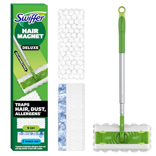 Swiffer Hair Magnet Deluxe Starter Kit with Collapsible Pole, 9 Hair Magnet Dry Cloths, 2 Bonus Mop & Go Wet Cloths - style: Hair Magnet Deluxe