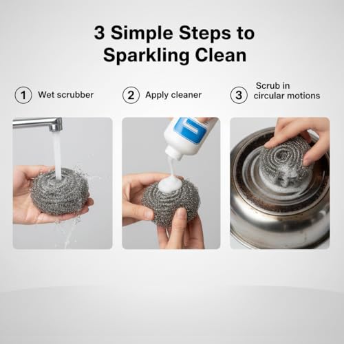 6-Pack Stainless Steel Scourers Heavy Duty Scrubber Pads 6cm x 2.5cm Metal Scouring Pads for Kitchen Cookware Grills Pans Oven Rust-Resistant Multipurpose Cleaning Pads for Tough Grease Burnt On Food