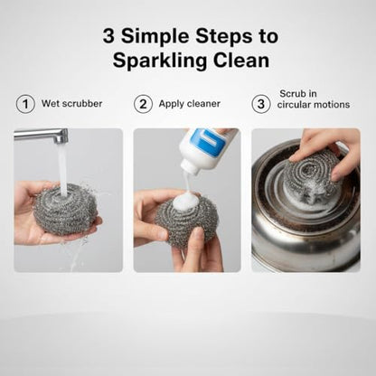6-Pack Stainless Steel Scourers Heavy Duty Scrubber Pads 6cm x 2.5cm Metal Scouring Pads for Kitchen Cookware Grills Pans Oven Rust-Resistant Multipurpose Cleaning Pads for Tough Grease Burnt On Food
