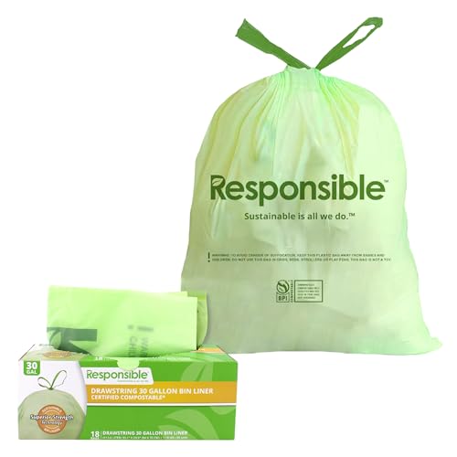 Responsible Products Kitchen Bin Liners, Certified Compostable, Heavy Duty Multipurpose Food Scrap Bags, Made from Compostable Materials (30 Gallon Drawstring, (18 Count)) - size: 30 Gallon (18 Count), style: 30 Gallon Drawstring