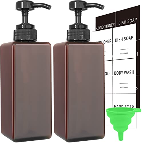 Amber Soap Dispenser with Waterproof Labels, Thickened Plastic Hand Soap Dispenser for Bathroom, Kitchen Dish Washing Liquid Bottles, Shampoo and Conditioner Bottles with Funnel (16oz 2Pack Amber) - color: 2 Amber