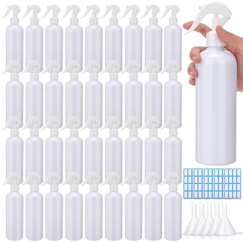 Lallisa 36 Pcs 16 oz Plastic Spray Bottles Leak Proof Empty Bottles for Cleaning Solutions Water Sprayer Bottle with Nozzle Mist, Labels and Handle Funnel for Auto Details, Planting, Kitchen(White) - color: White