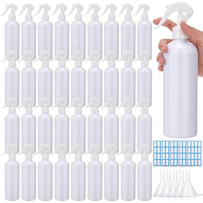 Lallisa 36 Pcs 16 oz Plastic Spray Bottles Leak Proof Empty Bottles for Cleaning Solutions Water Sprayer Bottle with Nozzle Mist, Labels and Handle Funnel for Auto Details, Planting, Kitchen(White) - color: White
