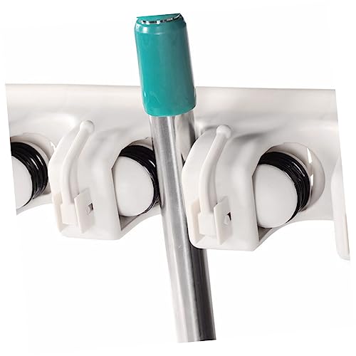 KALLORY Multifunctional Broom Organizer and Mop Holder Wall Mounted Storage Rack with Positions and Hooks and Sturdy Design for Kitchen Garage Laundry and Office Use
