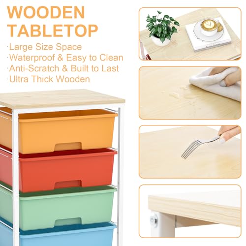 Utility-Rolling-Storage-Drawer-Craft-Cart-Organizer with 4 Drawers and Wooden Tabletop & Lockable Wheels for Home Office, Bedroom, Kids Room, Classroom, 4 Tiers Under Desk Drawer Cart, Macaron - color: Macaron