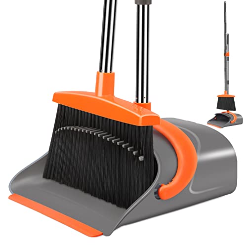 Ivandar Broom and Dustpan Set for Home, Broom and Dustpan Combo for Office, Long Handle Broom with Upright Standing Dust pan,Indoor&Outdoor Sweeping (Gray&Orange) - color: Gray&orange
