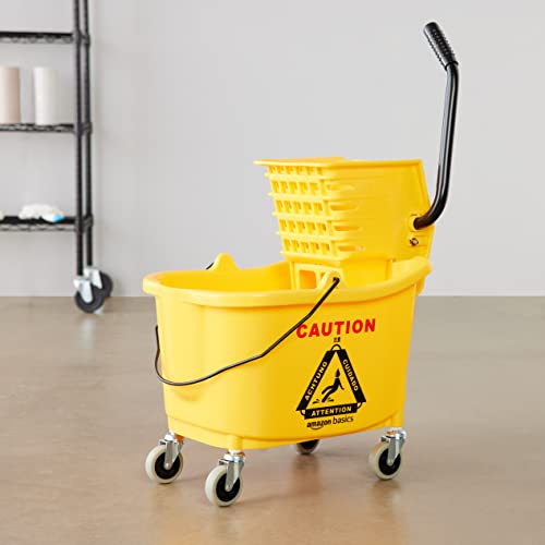 Amazon Basics Commercial Side Press Wringer Floor Cleaning Mop Bucket on Wheels, 35-Quart, Yellow