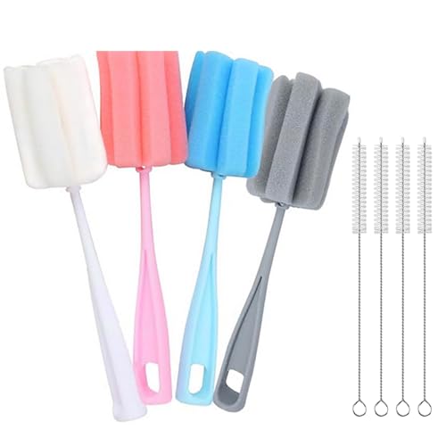 8PCS Bottle Brush Sponge Cup Brush with Straw Brushes Long Handle Cleaner Brush for Baby Bottle Glasswares Mugs Cups Kitchen Clean (4 Bottle Brushes + 4 Straw Brushes) - color: 4 Pcs + 4 Straw Brushes