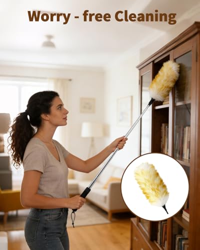 Extendable Wool Duster, 18-48 Inch Long Handle Duster with Natural Fluffy Wool Head, Dusters for Cleaning Ceiling Fans, Blinds, High Ceilings, Furniture, Washable & Reusable - color: Wool Color