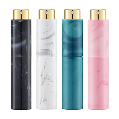 Tekson 10ML Perfume Atomizer Travel (4 PCS), Refillable Cologne Containers, Dispenser Spray Empty Bottle for Mini Sprayer Size (Black&Pink&White&Blue, Marble) - color: 4 colors