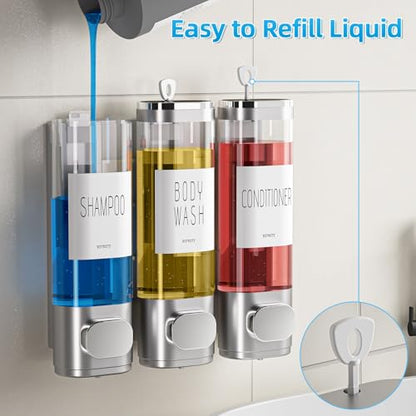 VITVITI Shampoo and Conditioner Dispenser for Shower Wall, Shower Soap Dispenser 3 Chamber No Drill Wall Mounted, 10.2 OZ Plastic Refillable Shower/Body Wash Bottles for Bathroom (Matte Silver) - color: Matte Silver